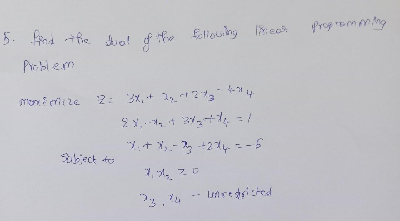 Solved Find The Dual Of The Following Linear Progromming