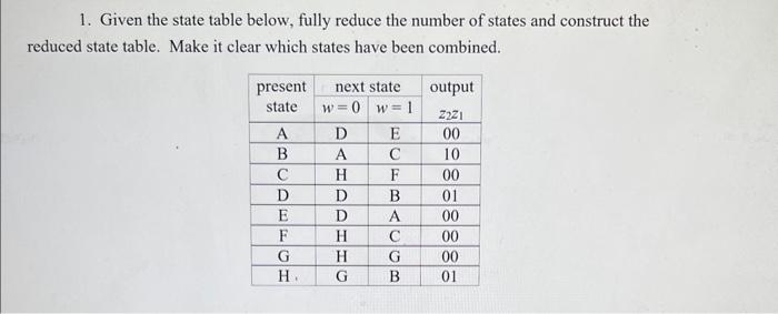 Solved 1. Given the state table below, fully reduce the | Chegg.com