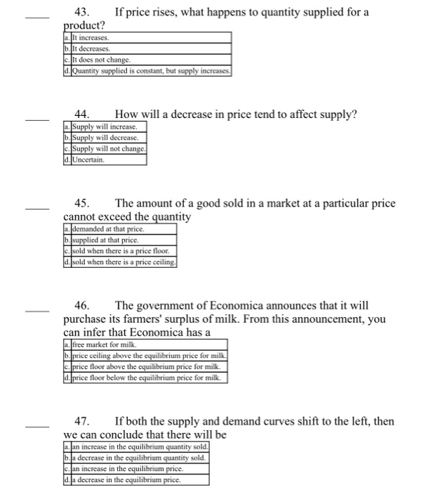Solved 43. If price rises, what happens to quantity supplied