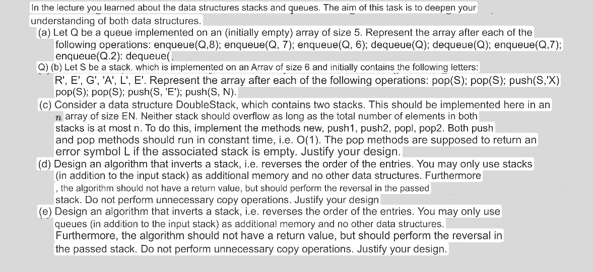 Solved In the lecture you learned about the data structures | Chegg.com