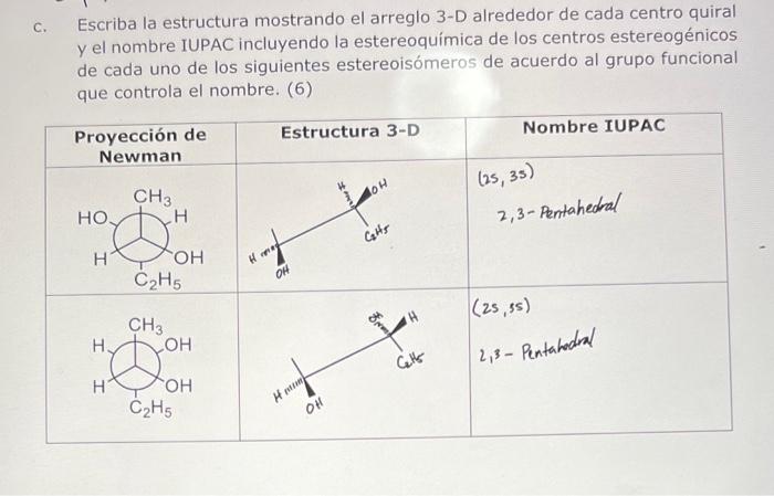 Escriba la estructura mostrando el arreglo 3-D alrededor de cada centro quiral y el nombre IUPAC incluyendo la estereoquímica