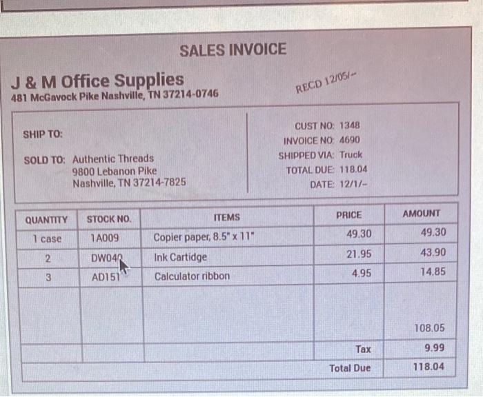 Solved SALES INVOICE J \& M Office Supplies 481 McGavock