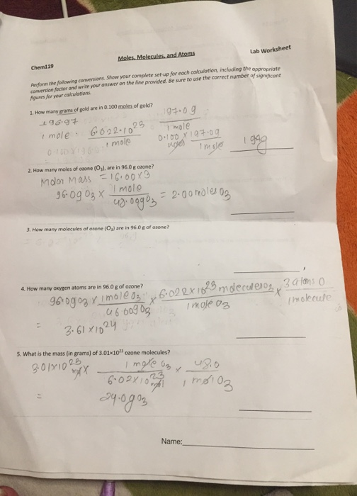 Solved Lab Worksheet Moles. Molecules, and Atoms Che 119 | Chegg.com