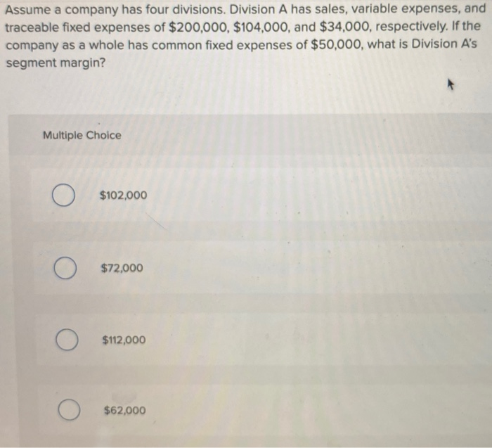 Solved Assume a company has four divisions. Division A has