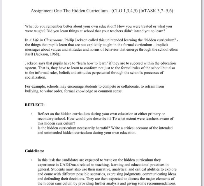 Solved Assignment One-The Hidden Curriculum - (CLO 1,3,4,5) | Chegg.com
