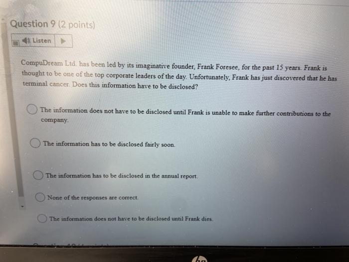 Solved Question 9 (2 Points) Listen CompuDream Ltd Has Been | Chegg.com