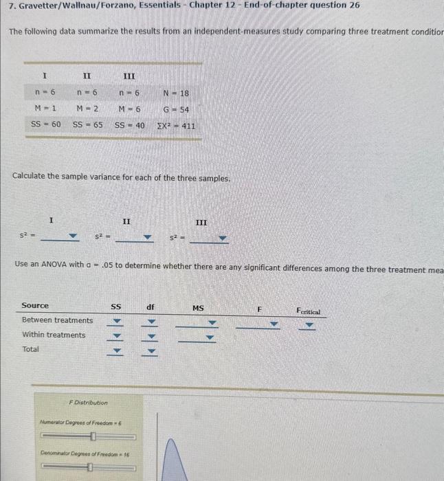 7. Gravetter/Wallnau/Forzano, Essentials - Chapter 12 - End-of-chapter question 26
The following data summarize the results f