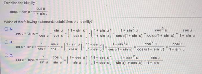 Solved Establish The Identity Cosu Secu Tan U 1 Sin Chegg Com