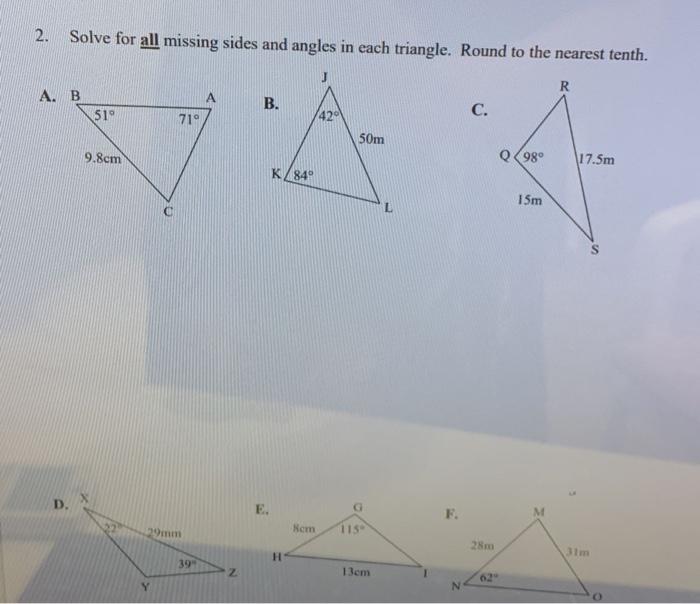 Solved 2. Solve for all missing sides and angles in each | Chegg.com