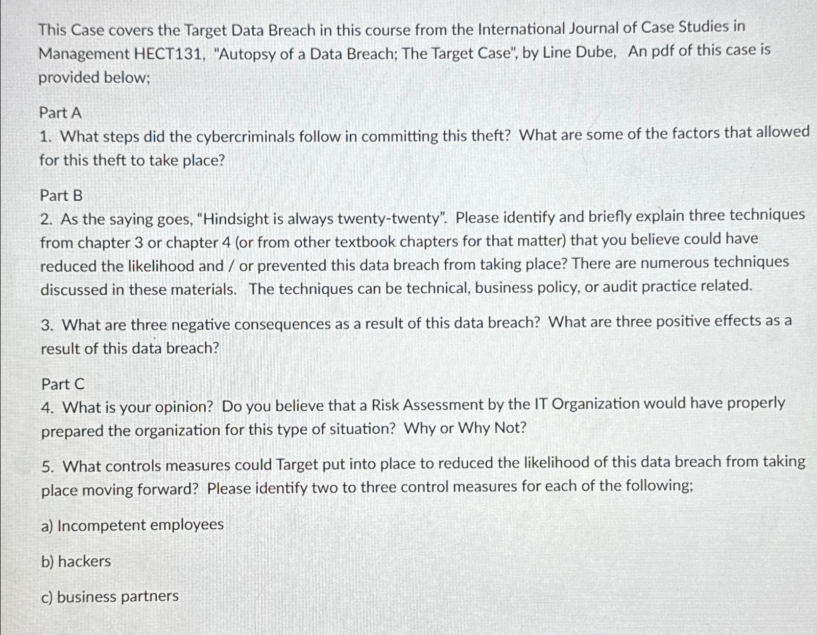 Solved This Case covers the Target Data Breach in this | Chegg.com