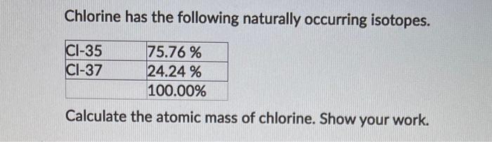 Solved Chlorine has the following naturally occurring | Chegg.com