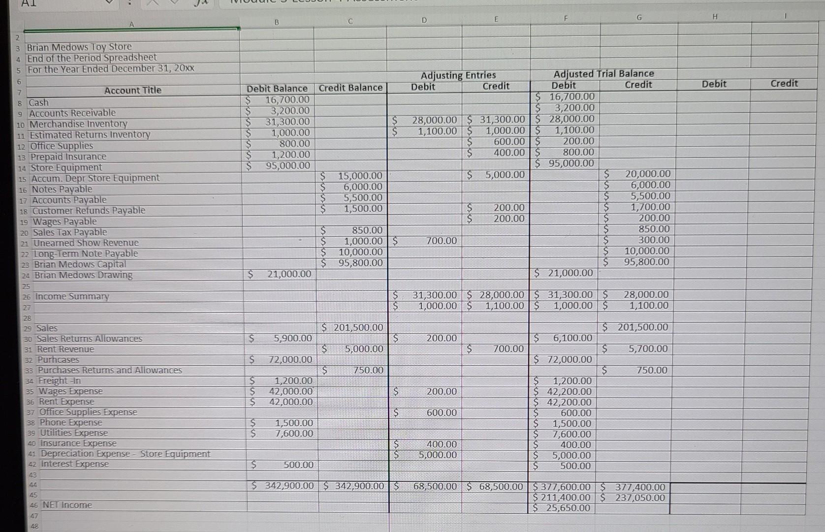 Solved Brian Meadows Toy Store Income Statement | Chegg.com