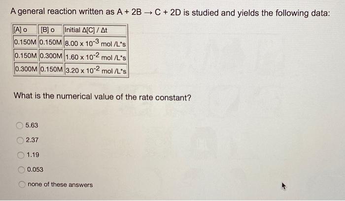 Solved A general reaction written as A + 2B + C + 2D is | Chegg.com