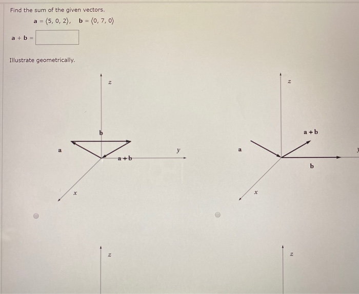 Solved Find The Sum Of The Given Vectors. A = (5, 0, 2), B = | Chegg.com