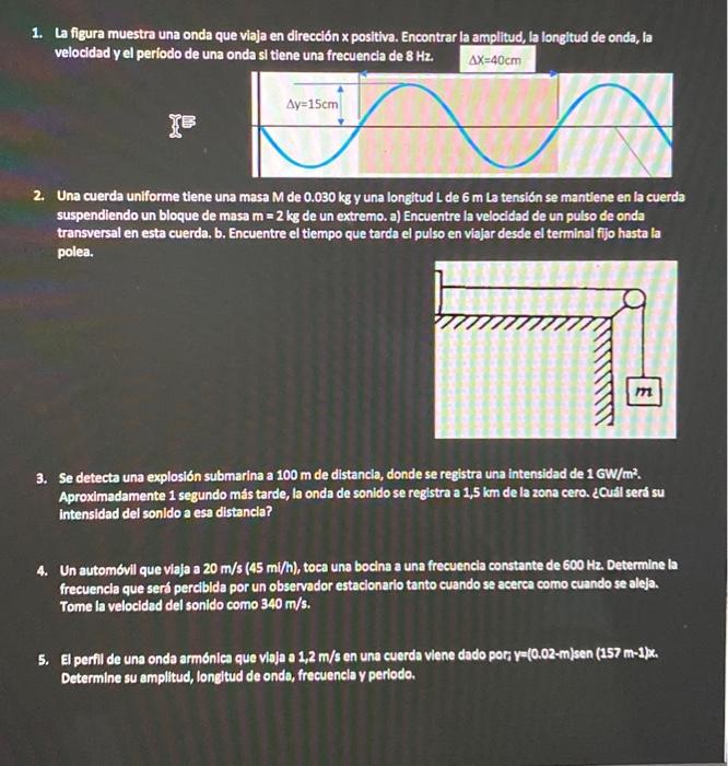 1. La figura muestra una onda que viaja en dirección \( \mathrm{x} \) positiva. Encontrar la amplitud, la longitud de onda, l