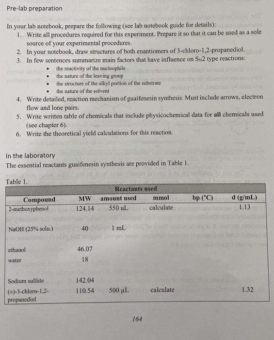 Solved Pre-lab preparation In your lab notebook, prepare the | Chegg.com
