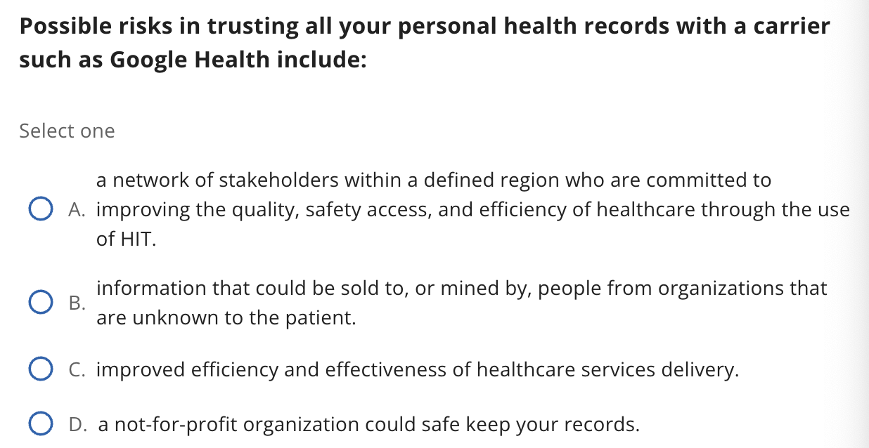 Google Personal Risks Solved Possible risks in trusting all your personal health | Chegg.com
