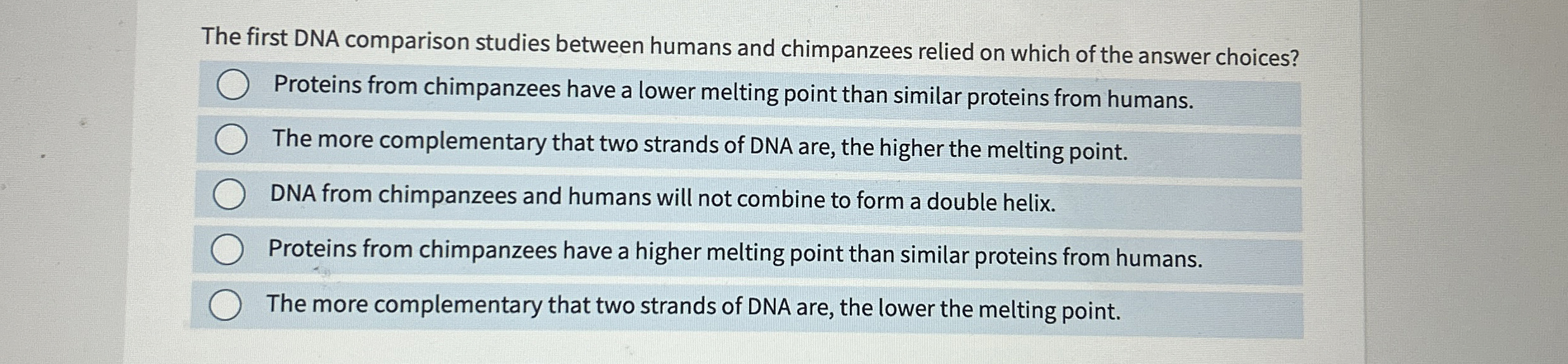 Solved The first DNA comparison studies between humans and | Chegg.com
