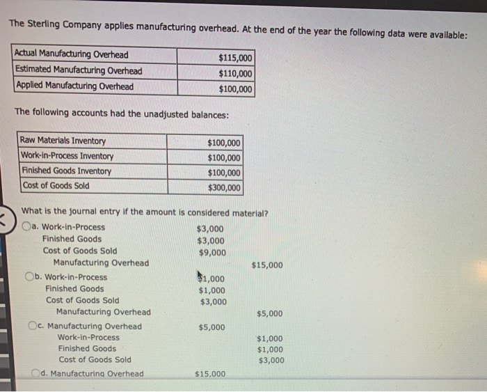 Solved The Sterling Company applies manufacturing overhead.