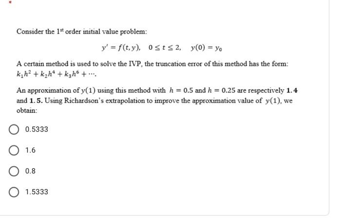 Solved Consider the 1" order initial value problem: y' = | Chegg.com