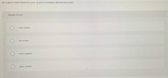 Solved On a given linear demand curve, as price increases | Chegg.com