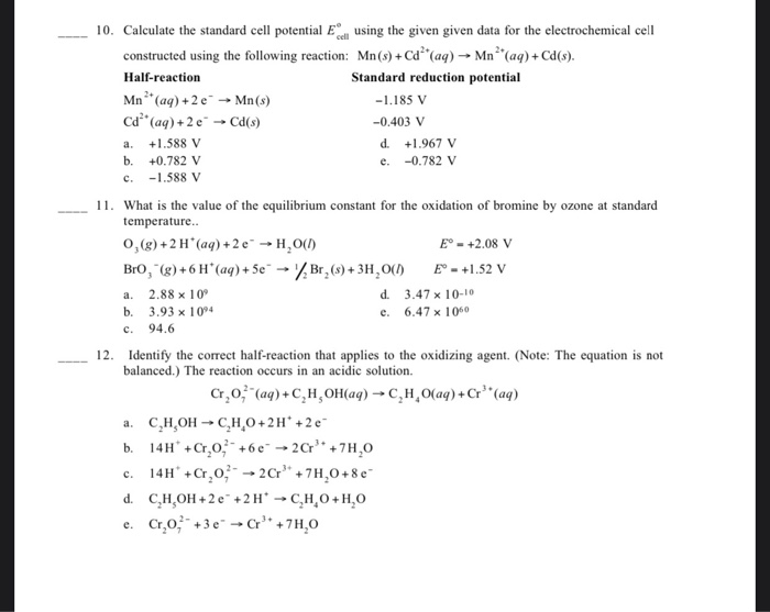 Solved 10. Calculate the standard cell potential Ed using | Chegg.com
