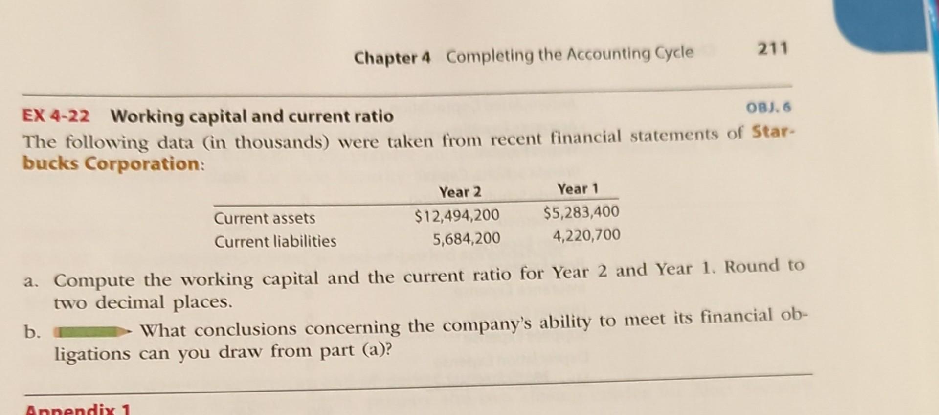 Solved EX 4-22 Working Capital And Current Ratio 085. 6 The | Chegg.com