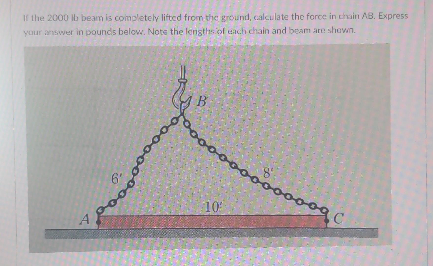 If the 2000 lb beam is completely lifted from the ground, calculate the force in chain AB. Express
your answer in pounds belo