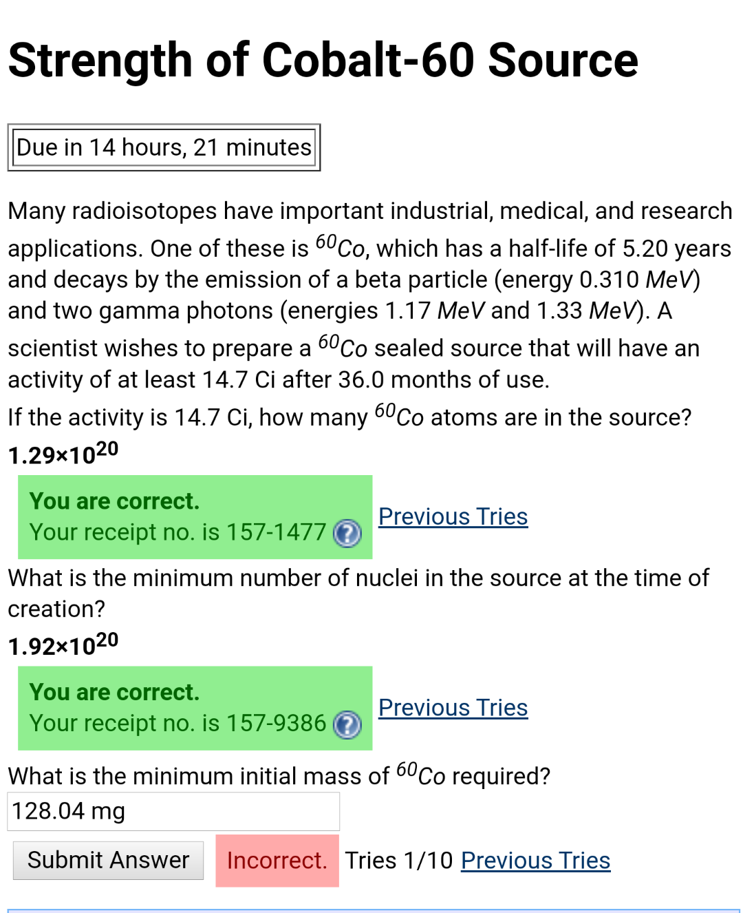Solved Strength of Cobalt-60 Source Due in 14 hours, 21 | Chegg.com