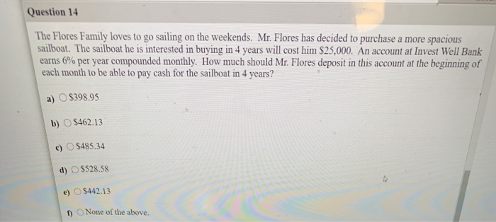 Solved Question 14 The Flores Family loves to go sailing on | Chegg.com