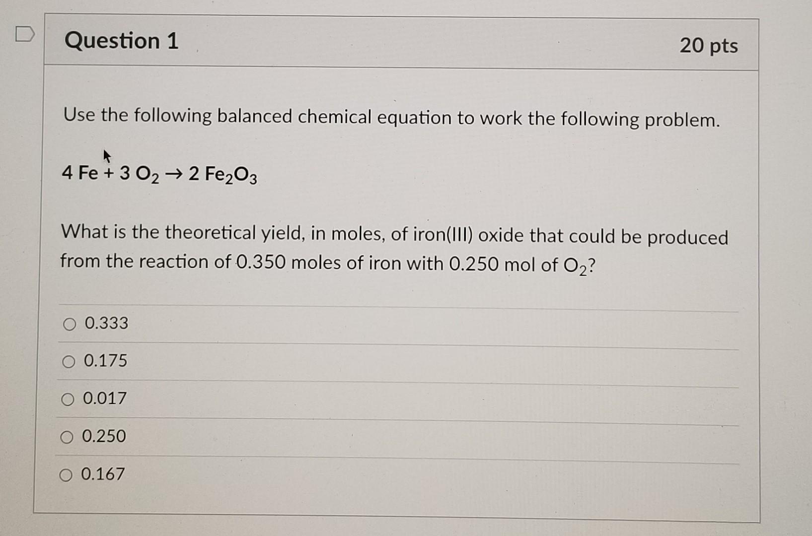 Solved Question 1 20 pts Use the following balanced chemical | Chegg.com