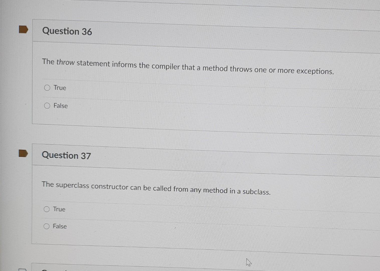 Solved Question 36 The throw statement informs the compiler | Chegg.com