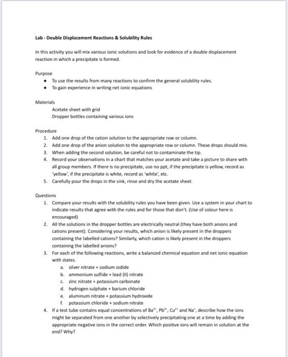 Lab - Double Displacement Reactions & Solubility | Chegg.com