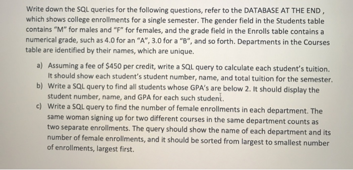Solved Write down the SQL queries for the following | Chegg.com