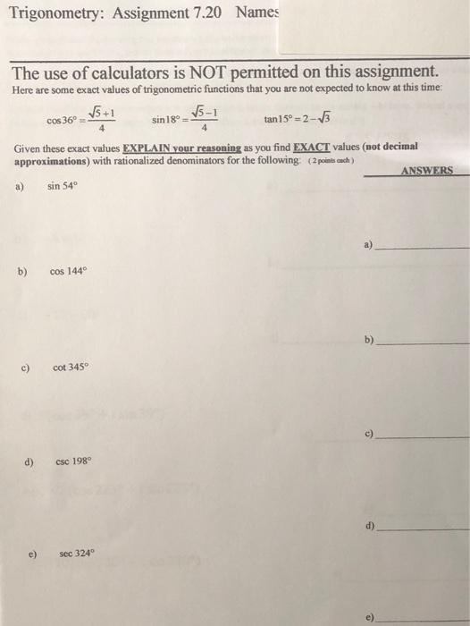 Solved Trigonometry: Assignment 7.20 Names The use of | Chegg.com