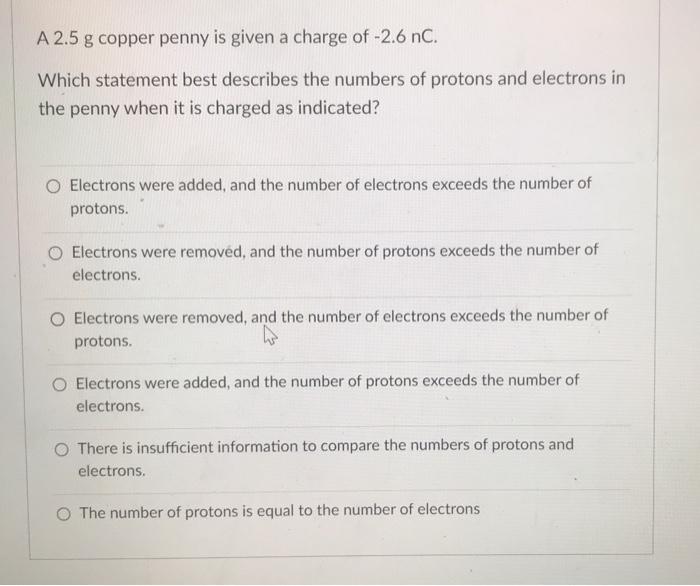 Solved A 2.5 g copper penny is given a charge of -2.6 nC. | Chegg.com