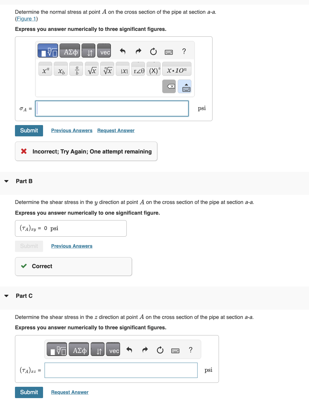 Solved Determine the normal stress at point \( ﻿A \) ﻿on the | Chegg.com
