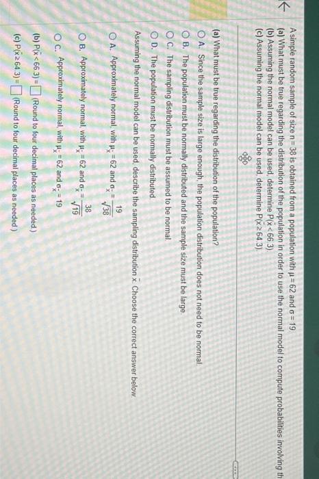 Solved A simple random sample of size n=38 is obtained from | Chegg.com