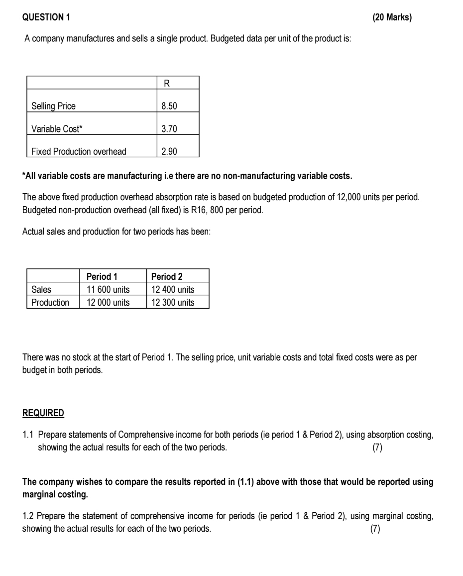 Solved QUESTION 1(20 ﻿Marks)A company manufactures and sells | Chegg.com