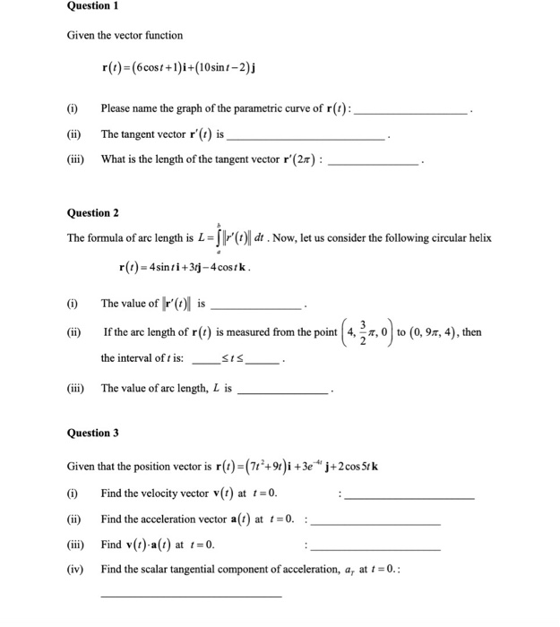 Solved Question 1 Given the vector function r(t)=(6cost | Chegg.com