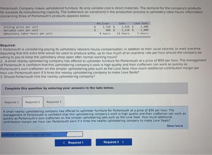 Solved Portsmouth Company makes upholstered furniture. Its