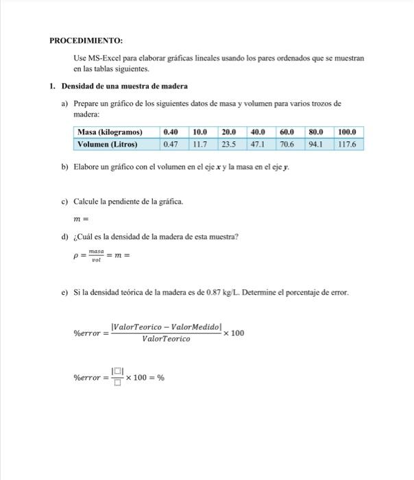 PROCEDIMIENTO: Use MS-Excel para elaborar gráficas lineales usando los pares ordenados que se muestran en las tablas siguient