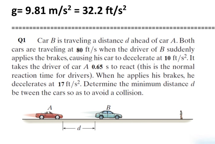 Solved g= 9.81 m/s2 = 32.2 ft/s? Q1 Car B is traveling a | Chegg.com