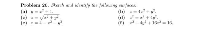 Problem 20. Sketch and identify the following surfaces: (a) \( y=x^{2}+1 \). (b) \( z=4 x^{2}+y^{2} \). (c) \( z=\sqrt{x^{2}+