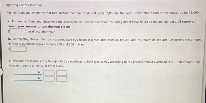 Solved Applying Factory Overhead Keenan Company estimates | Chegg.com