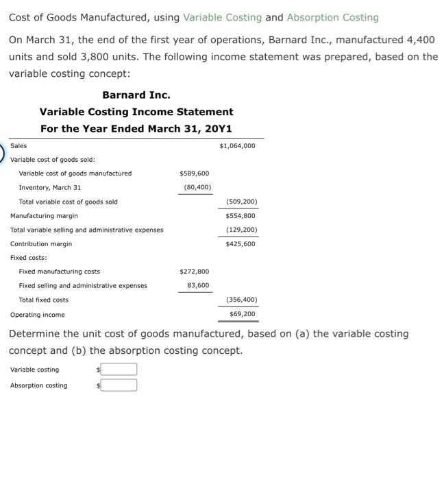 Solved Variable Costing Statement On April 30, the