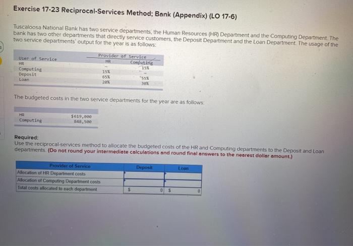 Exercise 17-23 Reciprocal-Services Method; Bank (A ...