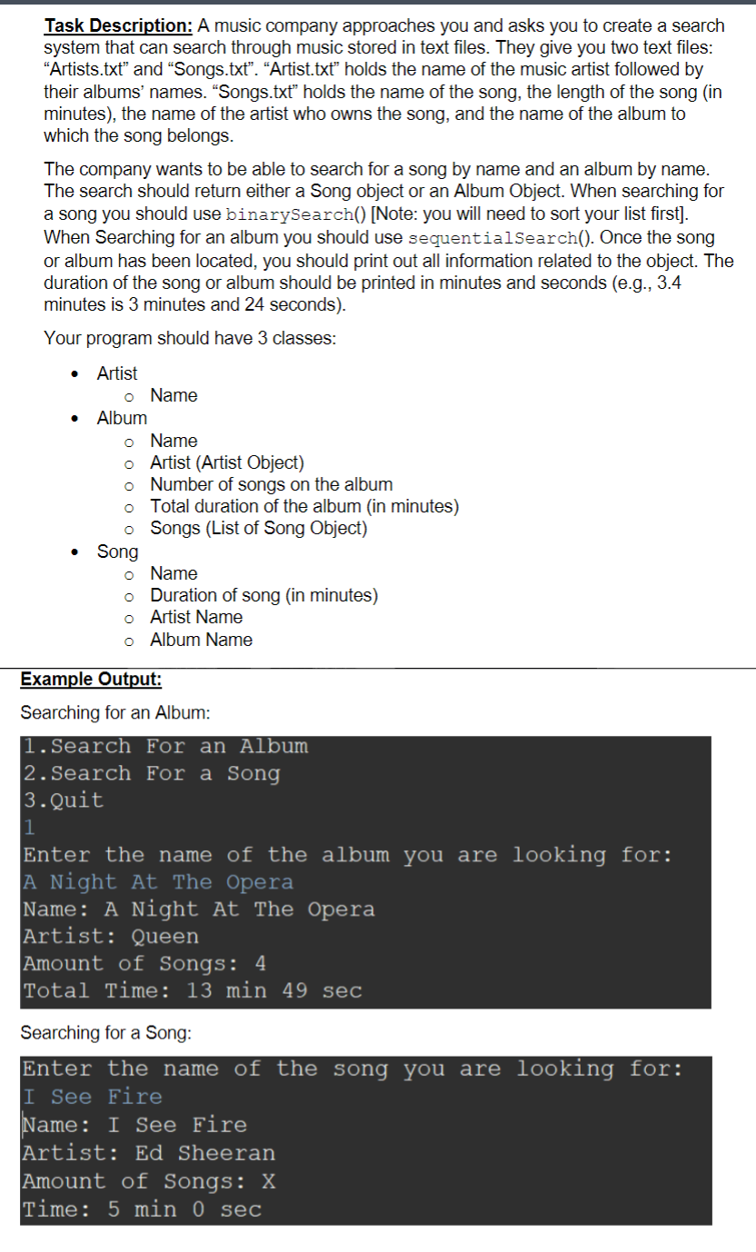 Solved Example Output:Searching for an Album:1.Search For an | Chegg.com