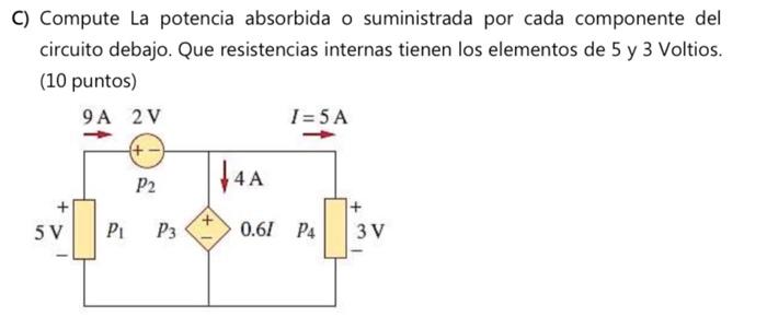 C) Compute La potencia absorbida o suministrada por cada componente del circuito debajo. Que resistencias internas tienen los