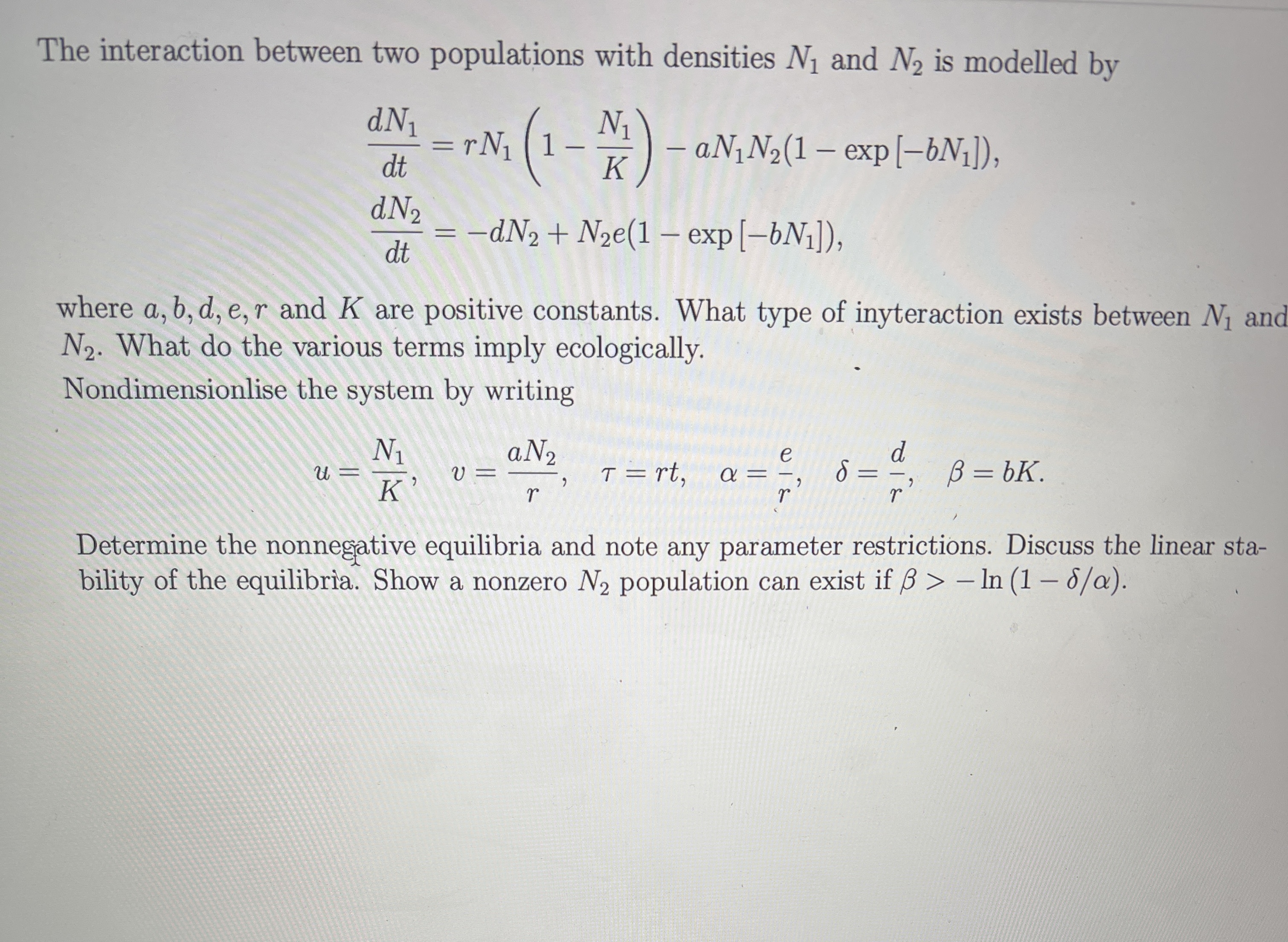Solved The interaction between two populations with | Chegg.com